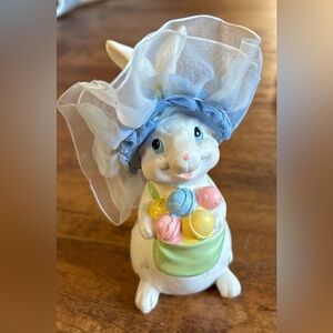 Easter Bunny Figurine with Blue Hat and Pastel Eggs